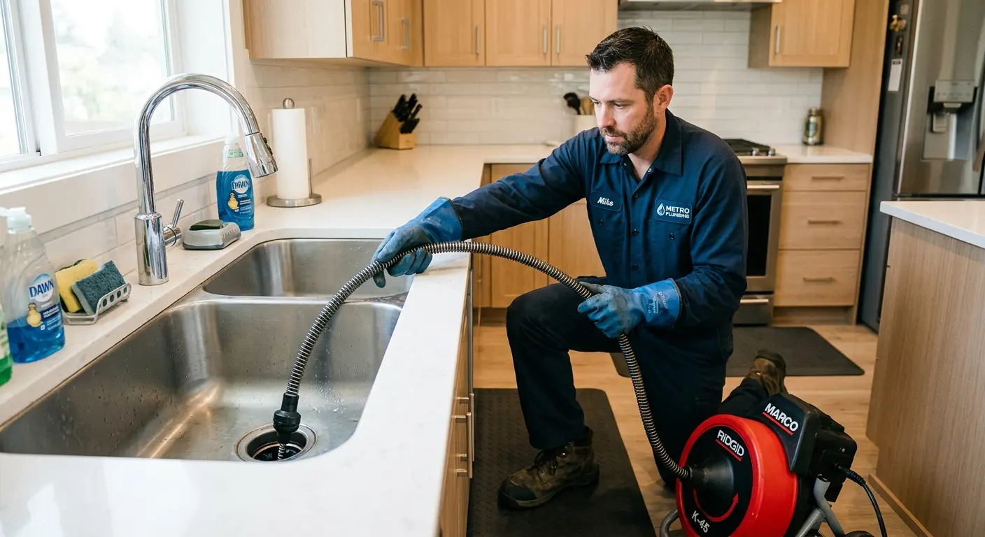 Drain cleaning technician using a motorized snake on a kitchen sink in Cascade