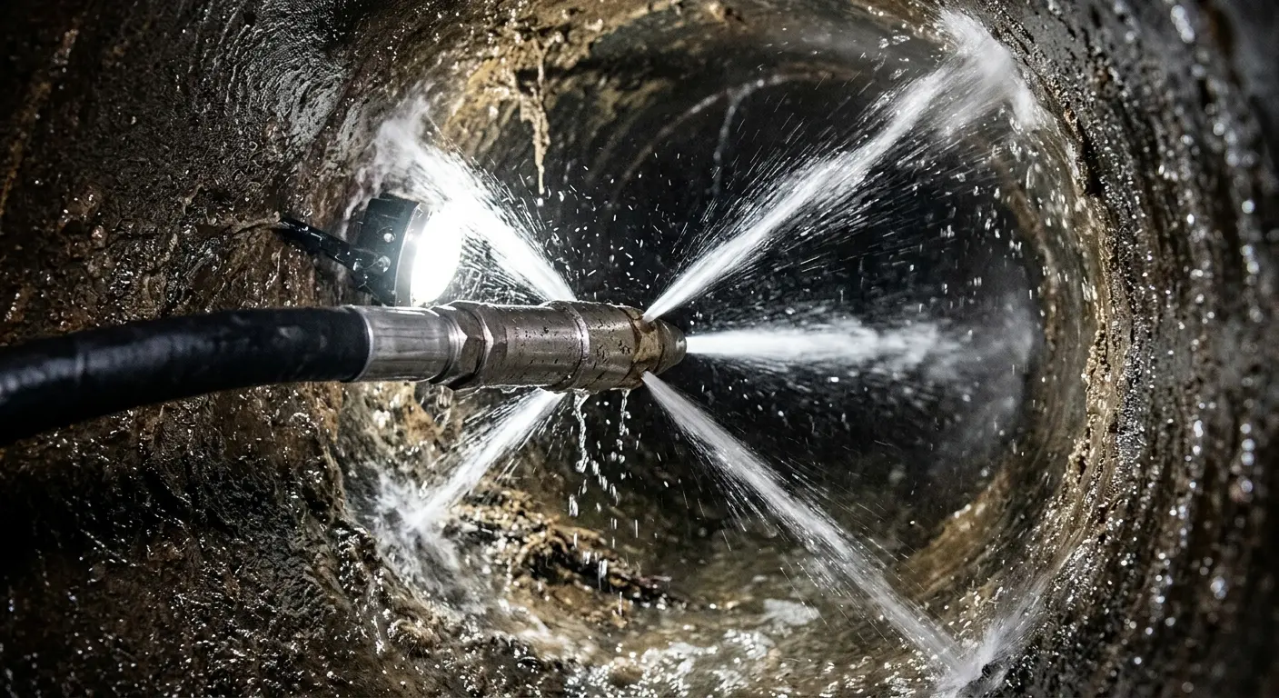High-pressure hydro jetting nozzle cleaning sewer pipe for Sewer Cleanout in Cascade