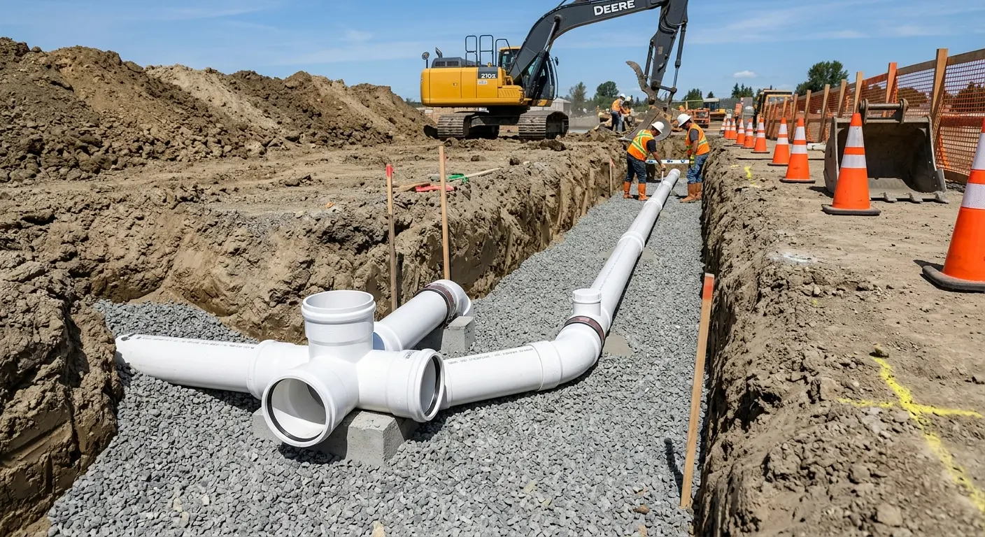 New PVC sewer pipe installation in open trench for Grease Trap Cleaning in Cascade