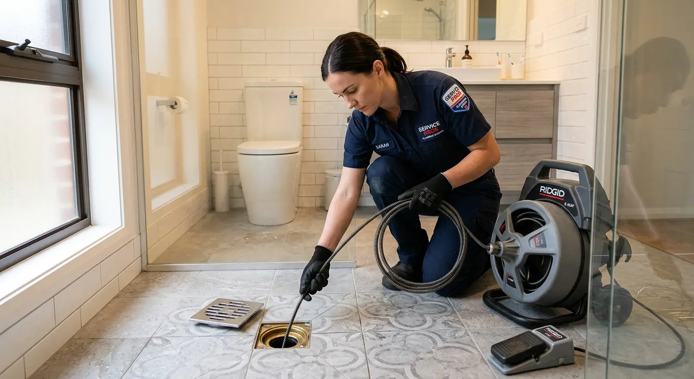 Technician clearing a bathroom floor drain for Sewer Line Replacement in Cascade
